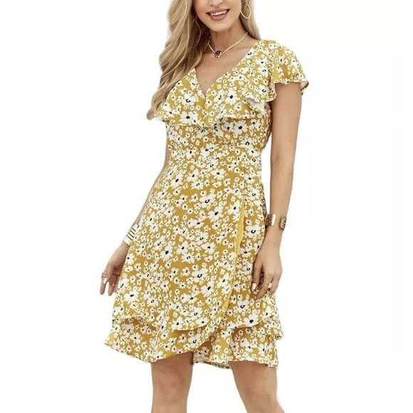 NEW Suzanne Betro yellow floral ruffle faux wrap knee length stretch dress - Picture 1 of 10